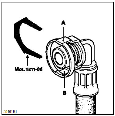 Appuyer sur l’outil pour lever les deux griffes de maintien, puis tirer sur le raccord